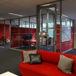 Glass Front Partitions with Fabric Tile Divider Walls