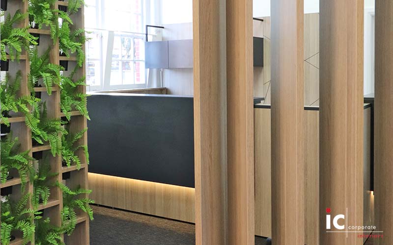 Floor to ceiling Vertical Garden Divider Wall and Timber Angle Slat Wall