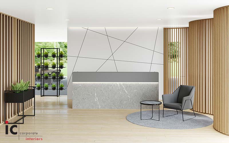 Straight Timber Slat Wall (LHS) – Axis Feature Wall in White (Behind Reception Desk) – Curved Timber Slat Wall (RHS)