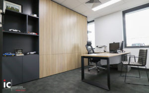 Timber slat ink line cupboard features.