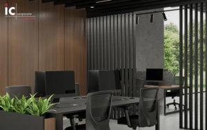 Black timber slat walls with Walnut timber feature wall panels.
