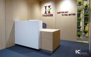 Custom made reception desk 1800L in Laminex satin white gloss with Polytec Ravine Satra Wood finish.